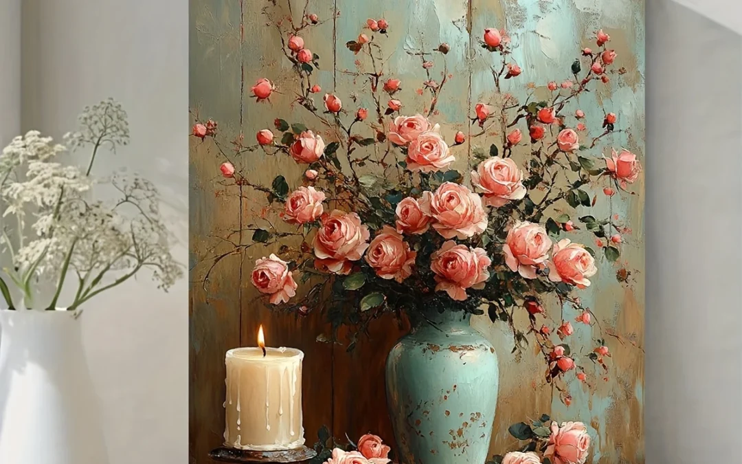 Peach & Pink Roses in Teal Vase with Candles Wall Art Canvas Framed 40×60