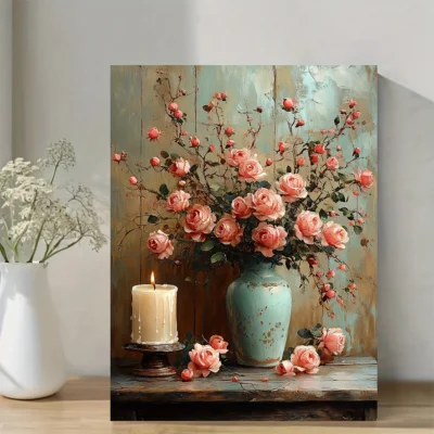 Peach & Pink Roses in Teal Vase with Candles Wall Art Canvas Framed 40x60