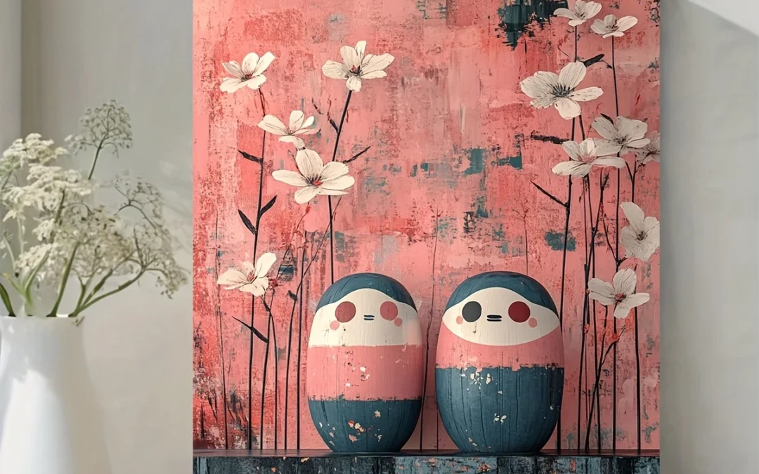 Whimsical Pink Abstract Kokeshi Dolls Wall Art Canvas Framed 40×60