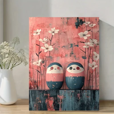 Whimsical Pink Abstract Kokeshi Dolls Wall Art Canvas Framed 40x60