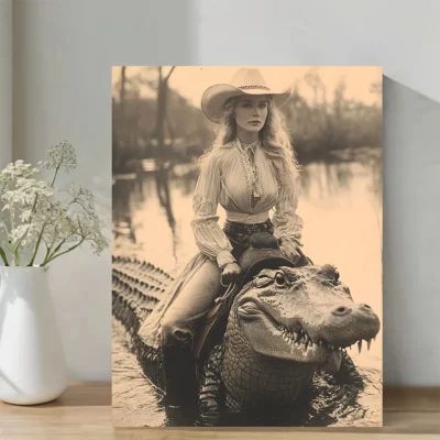 Vintage Cowgirl Riding Alligator Wall Art Canvas Framed 40x60