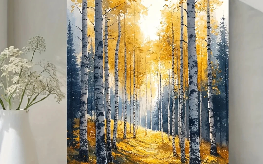 Landscape with Autumn Birch Trees, Serene Nature Wall Art Canvas Framed 40×60