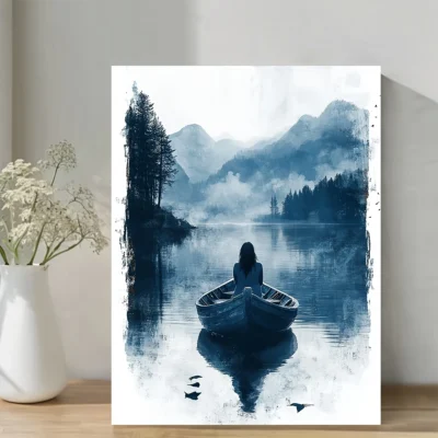 Female in Wooden Boat Navy Blue Abstract Wall Art Canvas Framed 40x60
