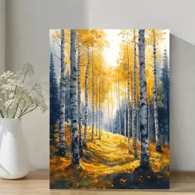 Landscape with Autumn Birch Trees, Serene Nature Wall Art Canvas Framed 40x60