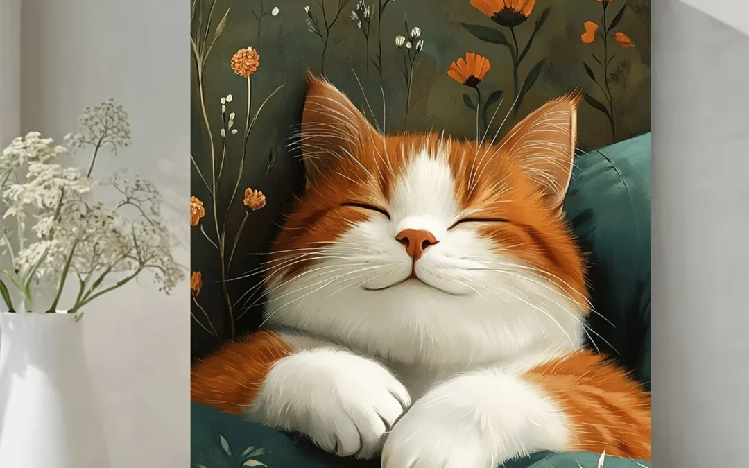 Vintage Cat, Green & Orange Floral Illustration Wall Art Canvas Framed 40×60