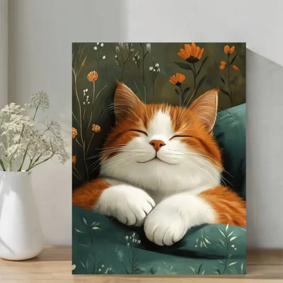 Vintage Cat, Green & Orange Floral Illustration Wall Art Canvas Framed 40x60