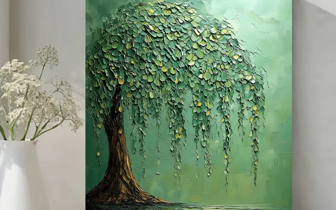 Abstract Weeping Willow Tree With Green & Yellow Hues Wall Art Canvas Framed 40×60