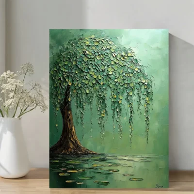 Abstract Weeping Willow Tree With Green & Yellow Hues Wall Art Canvas Framed 40x60