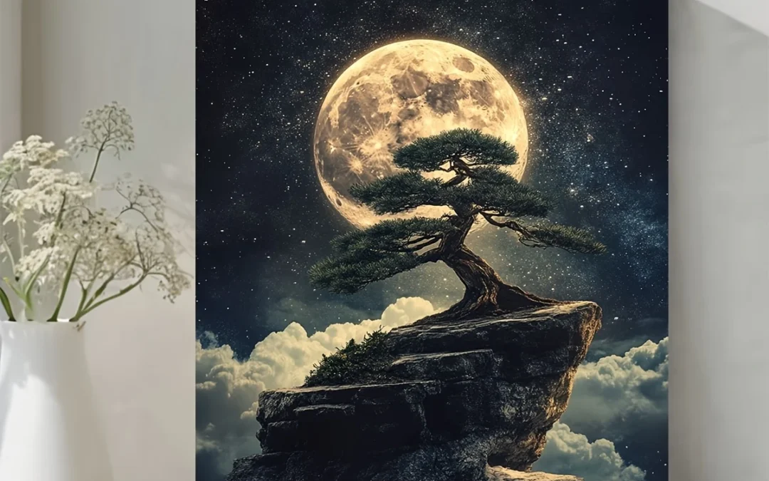 Mystical Full  Moon and Bonsai Lone Tree Wall Art Canvas Framed 40×60