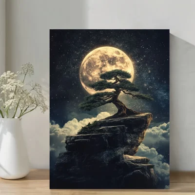 Mystical Full  Moon and Bonsai Lone Tree Wall Art Canvas Framed 40x60