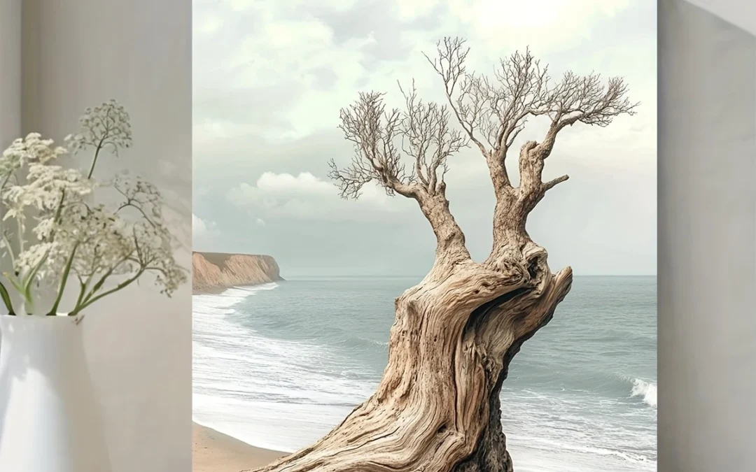 Weathered Driftwood Tree Trunk on Sandy Shore with Calm Ocean Wall Art Canvas Framed 40×60