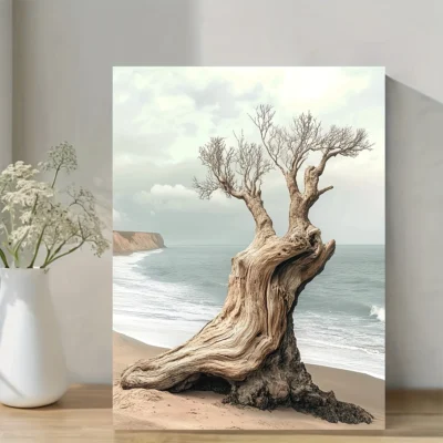 Weathered Driftwood Tree Trunk on Sandy Shore with Calm Ocean Wall Art Canvas Framed 40x60