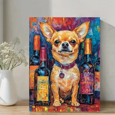 Chihuahua Drinking Wine Abstract Dog Pet Animal PaintingWall Art Canvas Framed 40x60