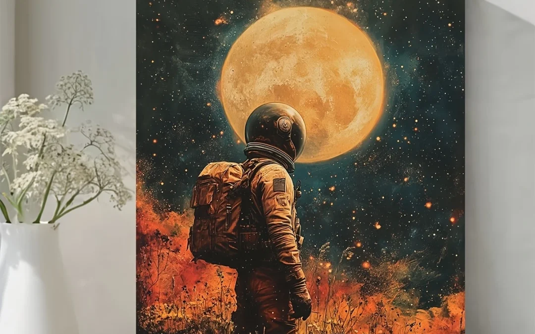 Cosmic Moon & Astronaut Scene Wall Art Canvas Framed 40×60