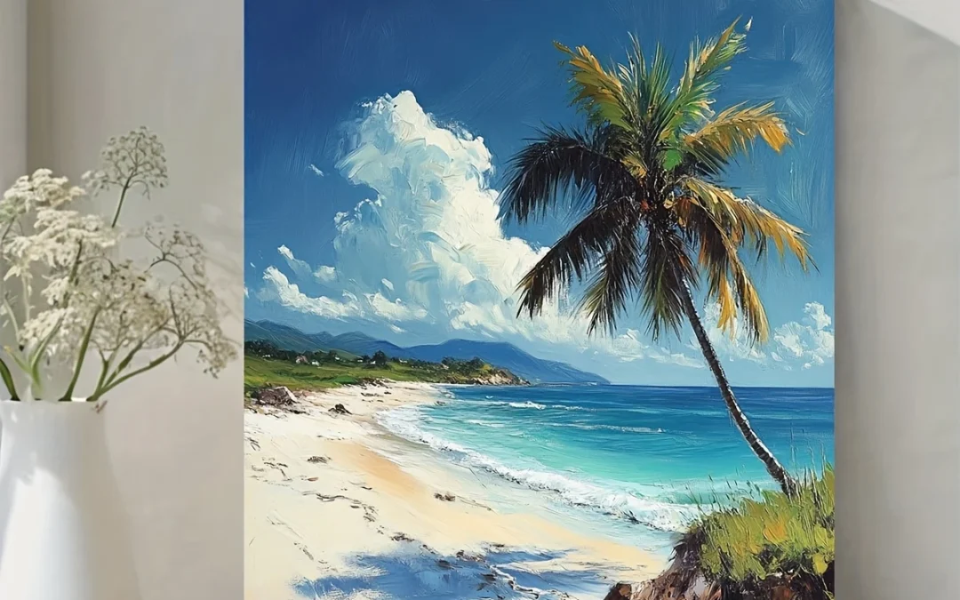 Palm Tree and Ocean Scene, Wall Art Canvas Framed 40×60