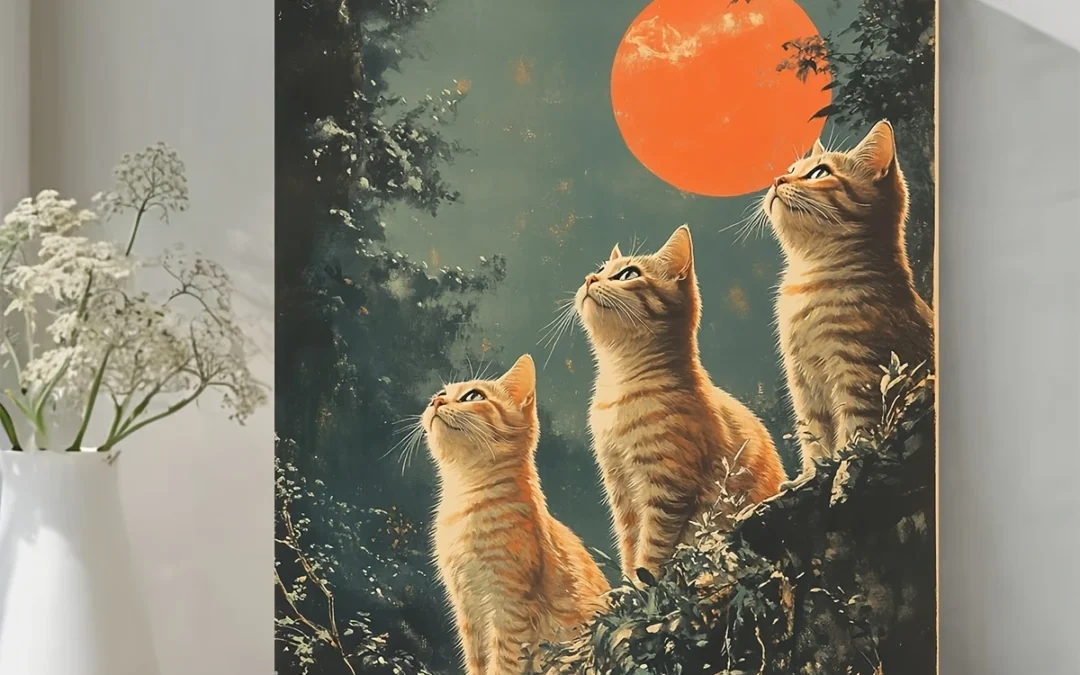 Vintage Japanese Three Cats & Red Moon Scene Wall Art Canvas Framed 40×60