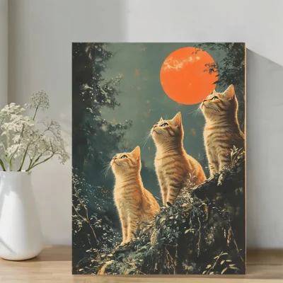 Vintage Japanese Three Cats & Red Moon Scene Wall Art Canvas Framed 40x60