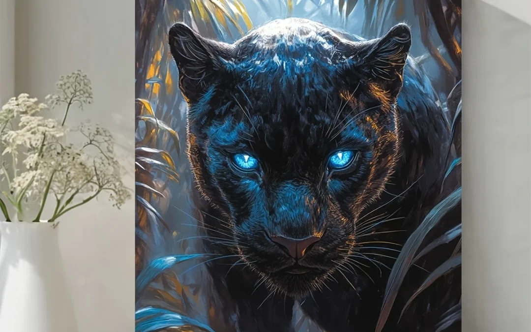 Black Panther on the Hunt with Glowing Blue Eyes Wall Art Canvas Framed 40×60