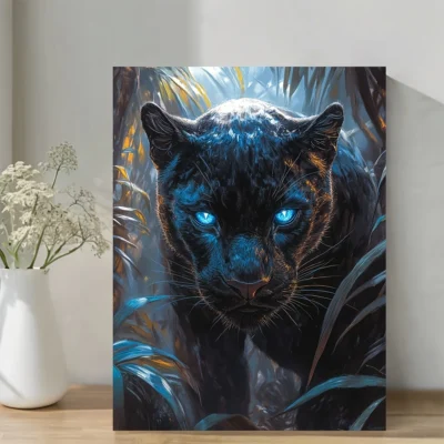 Black Panther on the Hunt with Glowing Blue Eyes Wall Art Canvas Framed 40x60