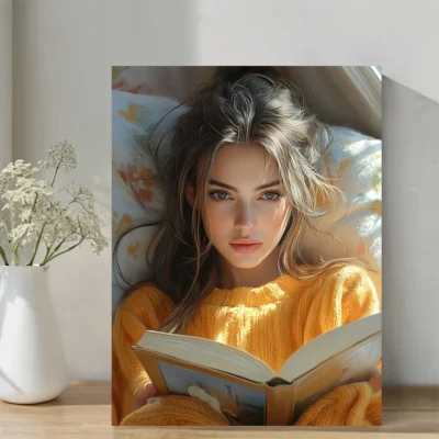 Woman Reading in Bed Wall Art Canvas Framed 40x60
