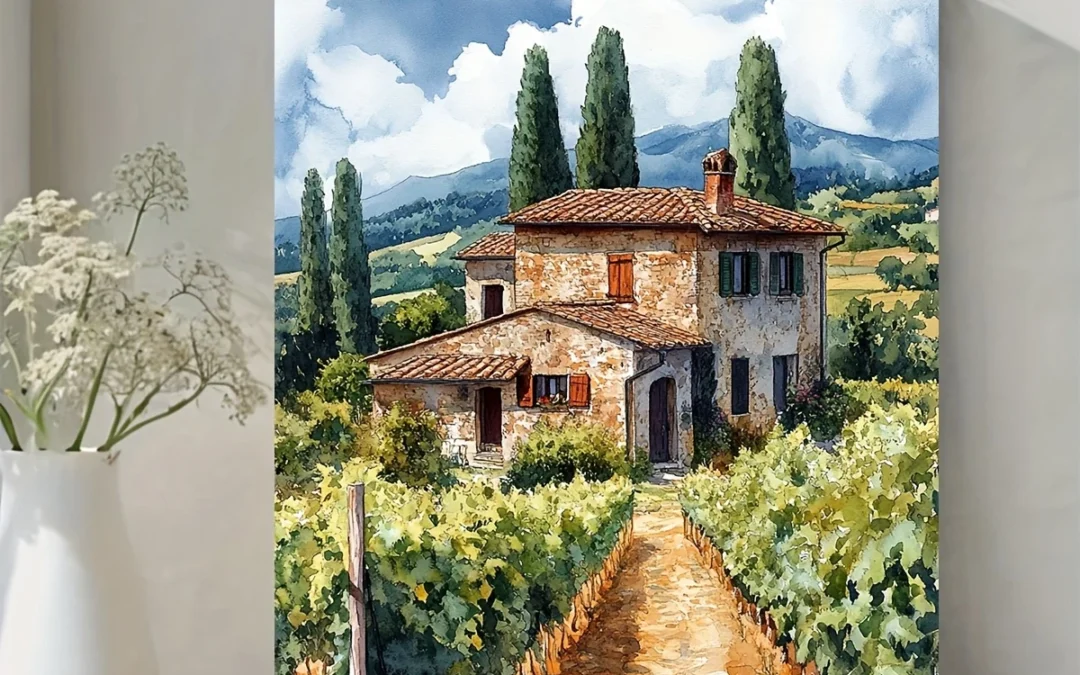 Italian Countryside Villa Vineyard Landscape Wall Art Canvas Framed 40×60