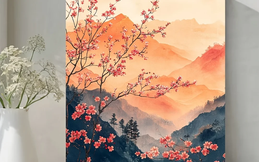 Chinoiserie Japanese Floral Hills Wall Art Canvas Framed 40×60