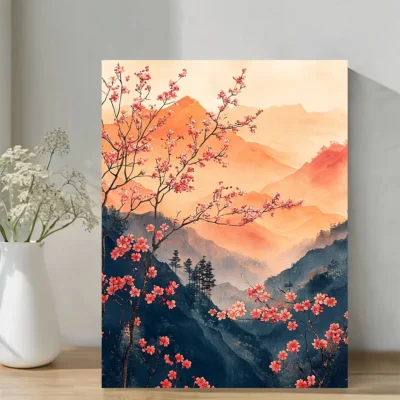 Chinoiserie Japanese Floral Hills Wall Art Canvas Framed 40x60