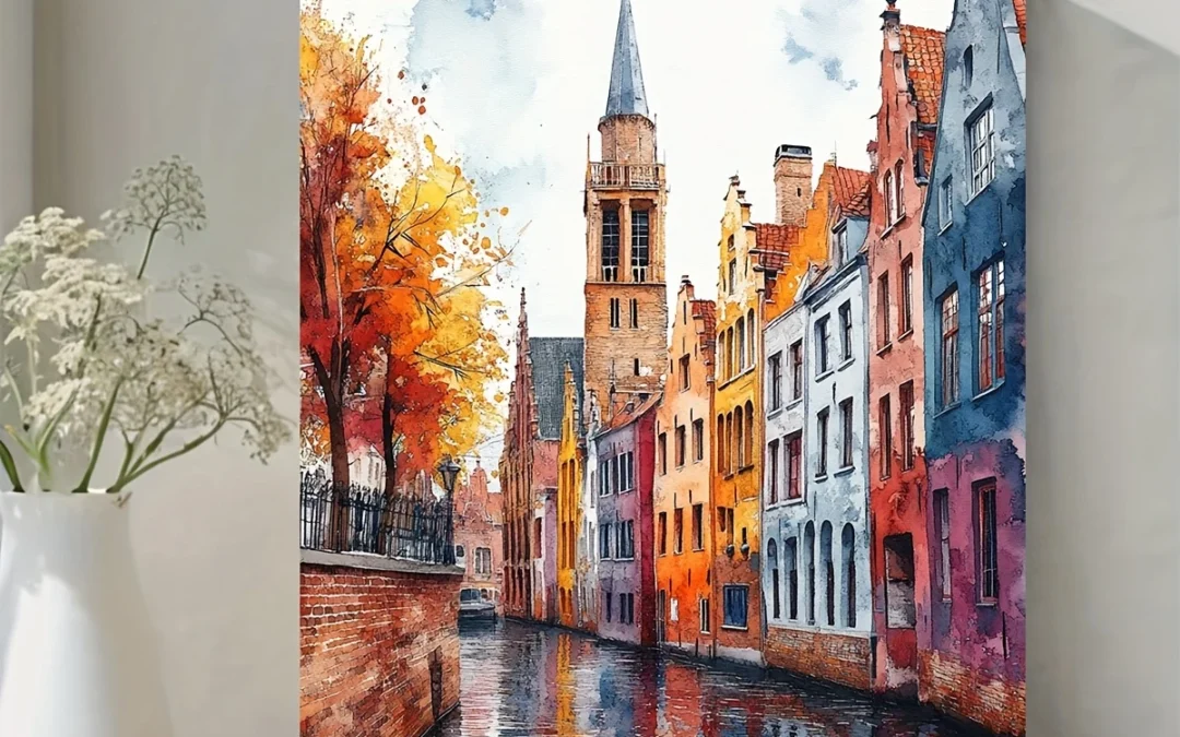 Colorful Cityscape Streetscape European City Wall Art Canvas Framed 40×60