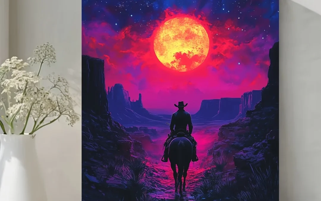 Vaporwave Cowboy Horse ,Sunset Landscape Wall Art Canvas Framed 40×60