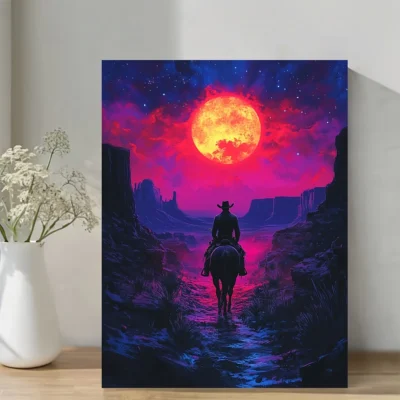 Vaporwave Cowboy Horse ,Sunset Landscape Wall Art Canvas Framed 40x60