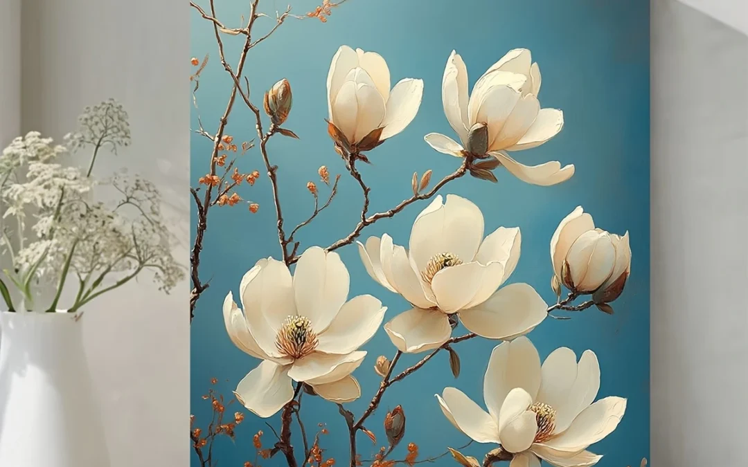 White Magnolia with Blue Background Painting  Wall Art Canvas Framed 40×60