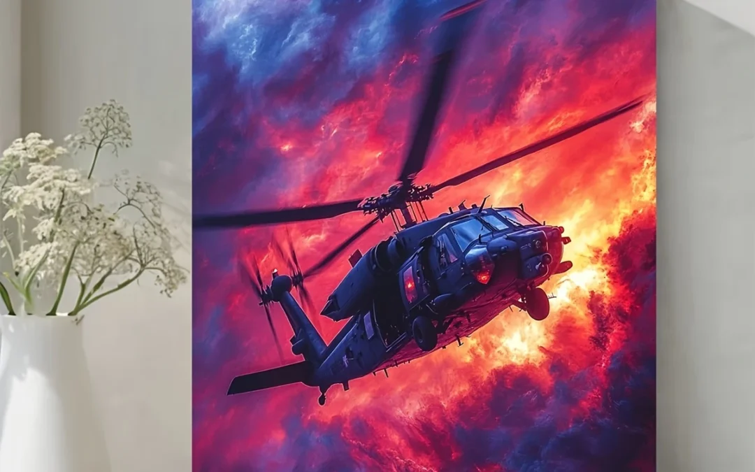 Black Helicopter Synthwave Sunset Wall Art Canvas Framed 40×60