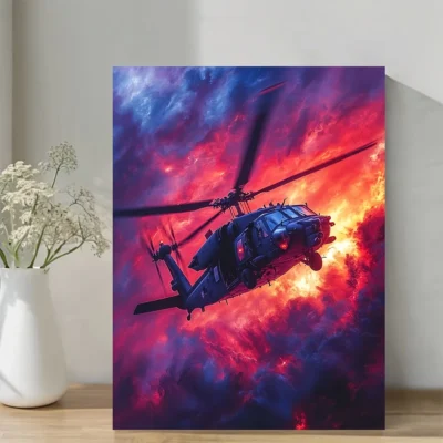 Black Helicopter Synthwave Sunset Wall Art Canvas Framed 40x60