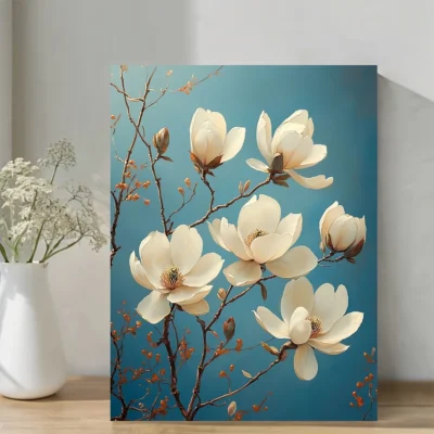 White Magnolia with Blue Background Painting  Wall Art Canvas Framed 40x60