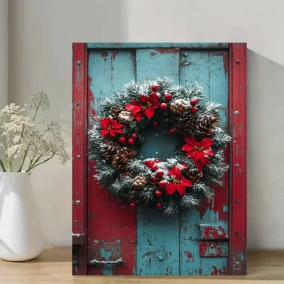 Snowfall Scene with Red Poinsettias & Pine Cones Wall Art Canvas Framed 40x60