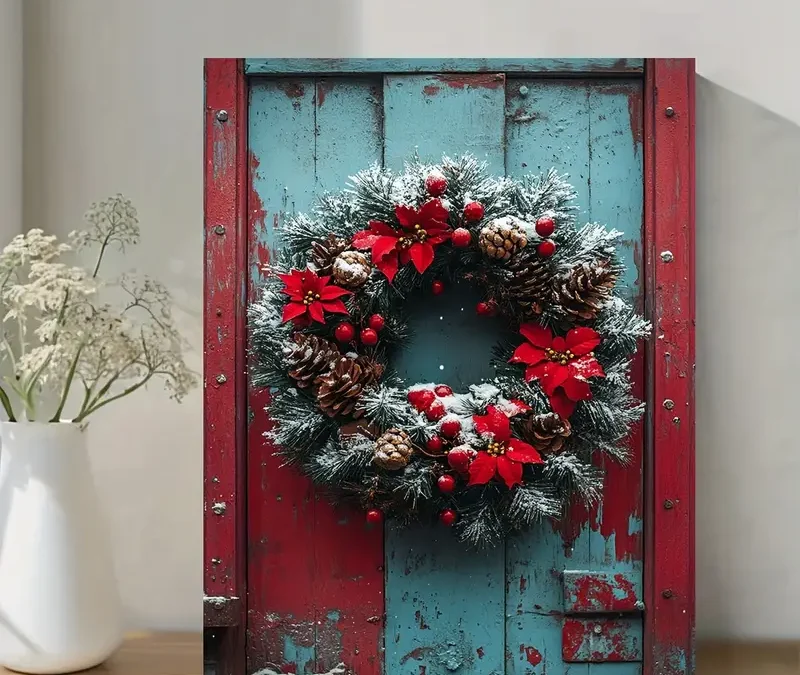 Snowfall Scene with Red Poinsettias & Pine Cones Wall Art Canvas Framed 40×60