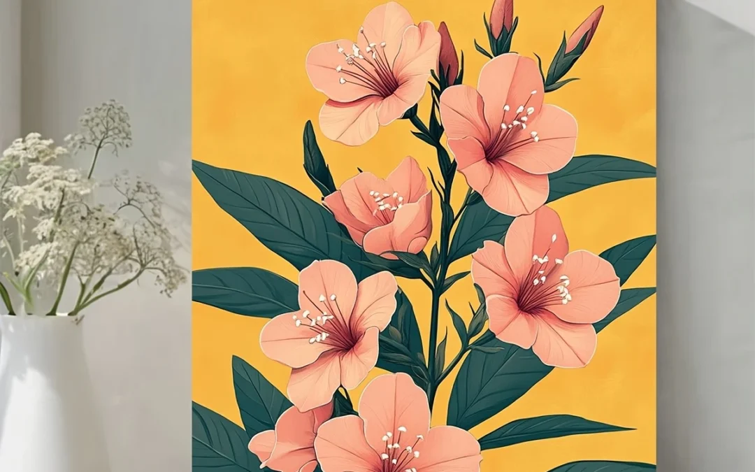 Pink Oleander Flowers in Japanese Style Wall Art Canvas Framed 40×60