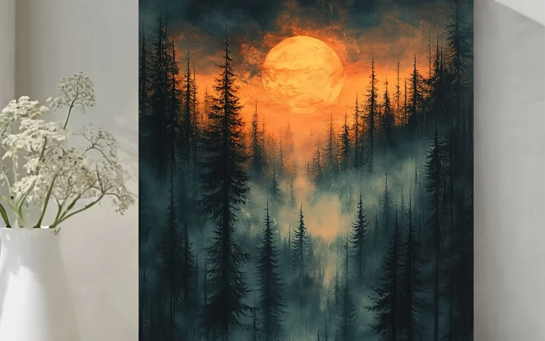 Moody Sunset in Misty Forest Wall Art Canvas Framed 40×60
