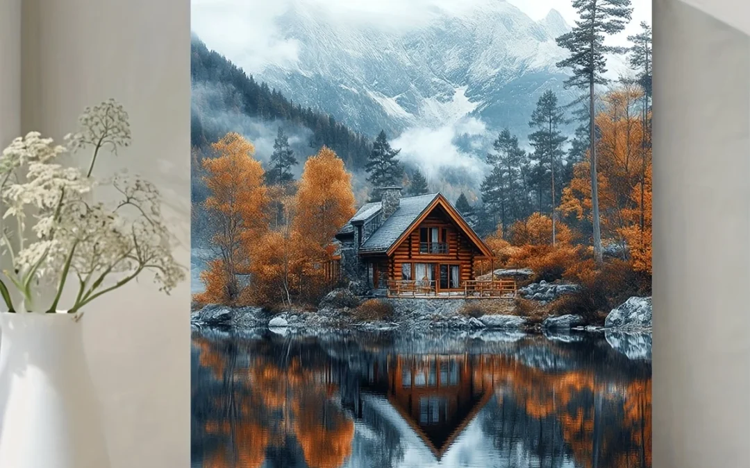 Serene Lake & Mountain Reflection with Autumn Foliage & Cozy Cabin Wall Art Canvas Framed 40×60