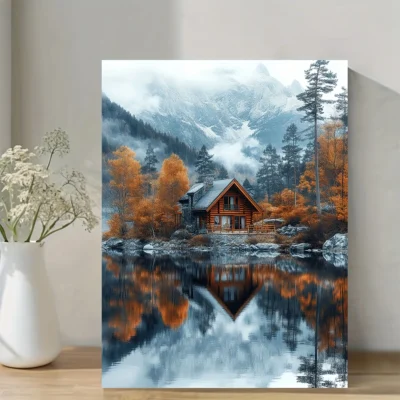 Serene Lake & Mountain Reflection with Autumn Foliage & Cozy Cabin Wall Art Canvas Framed 40x60