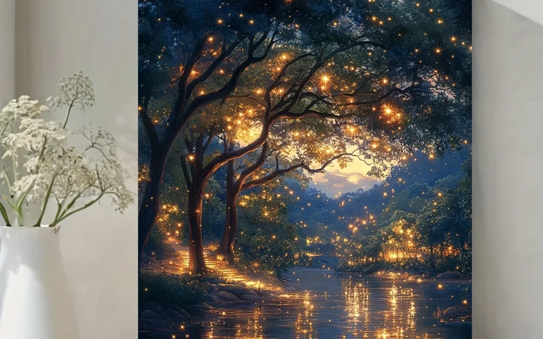 Fireflies Light Up a Mystical Fantasy Forest at Night Wall Art Canvas Framed 40×60