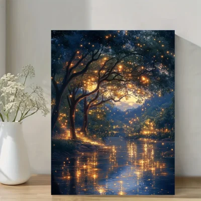 Fireflies Light Up a Mystical Fantasy Forest at Night Wall Art Canvas Framed 40x60