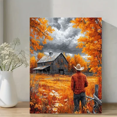 Vibrant Autumn Barnyard Wall Art Canvas Framed 40x60