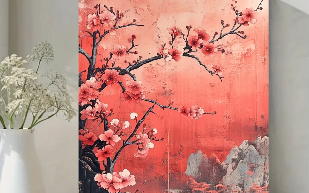Blossoming Pink Flowers & Bold Red Accents Wall Art Canvas Framed 40×60