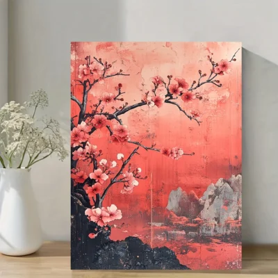 Blossoming Pink Flowers & Bold Red Accents Wall Art Canvas Framed 40x60