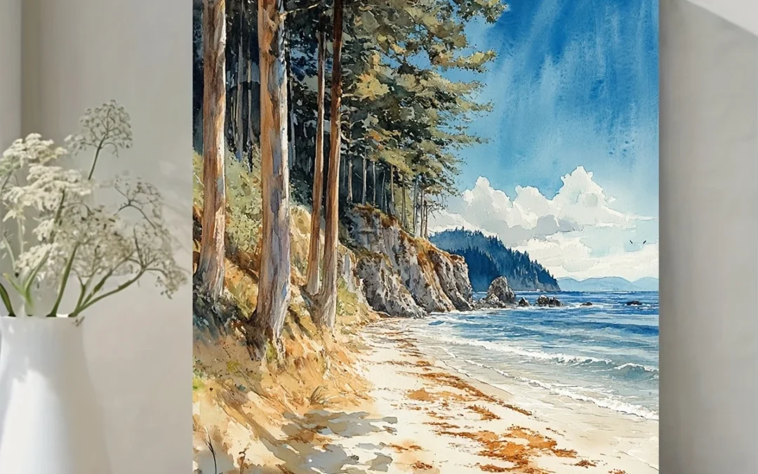 Serene Coastal Scene with Pine Trees & Ocean Wave Wall Art Canvas Framed 40×60