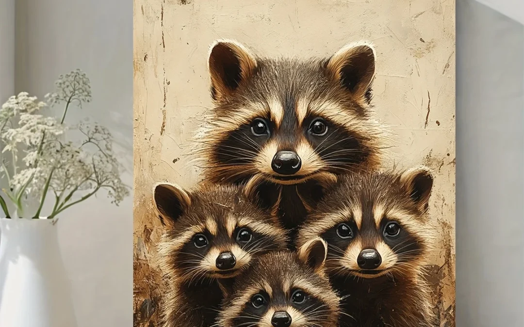 Vintage Raccoon Family Portrait Wall Art Canvas Framed 40×60