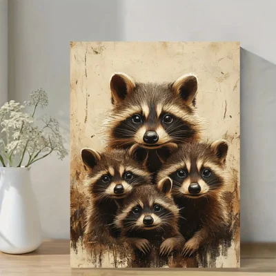 Vintage Raccoon Family Portrait Wall Art Canvas Framed 40x60