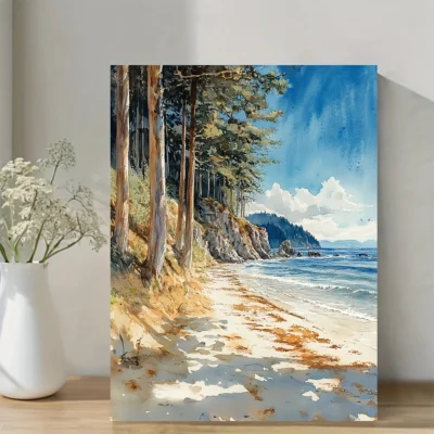 Serene Coastal Scene with Pine Trees & Ocean Wave Wall Art Canvas Framed 40x60