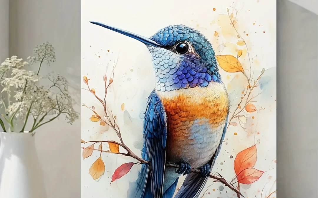 Light Blue & Orange Hummingbird with Autumn Leaves Wall Art Canvas Framed 40×60